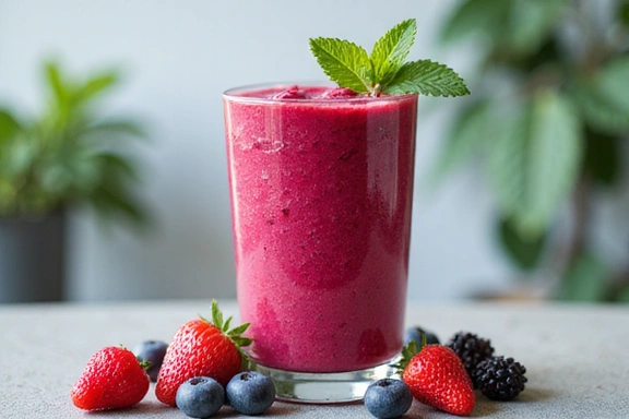 Colorful Berry Smoothie in a glass with fresh berries.