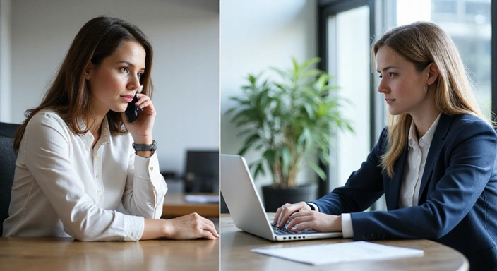 A person talking on the phone and another person typing on a laptop, representing direct communication channels.