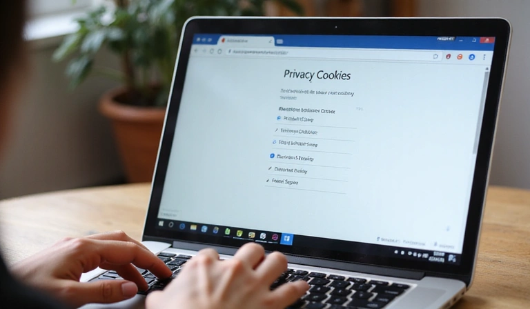 Person's hand interacting with a web browser's cookie settings on a laptop screen