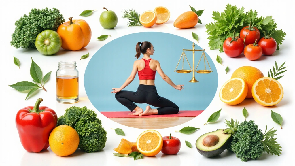 A collage of healthy foods, a person exercising, and abstract representations of wellness and balance, without any text or letters.